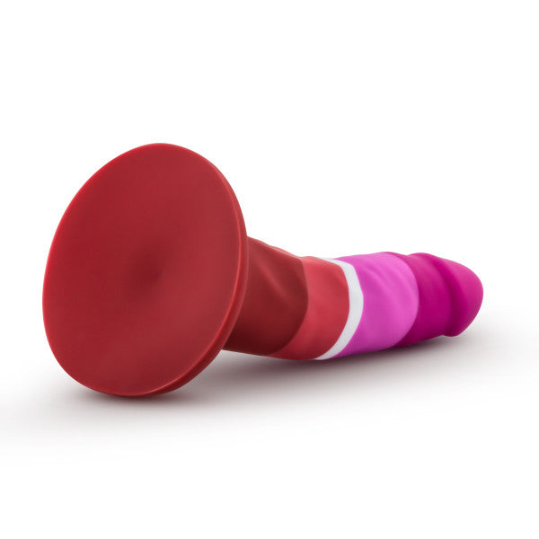 Silicone tapered dildo with a red suction cup base and pink ribbed tip.