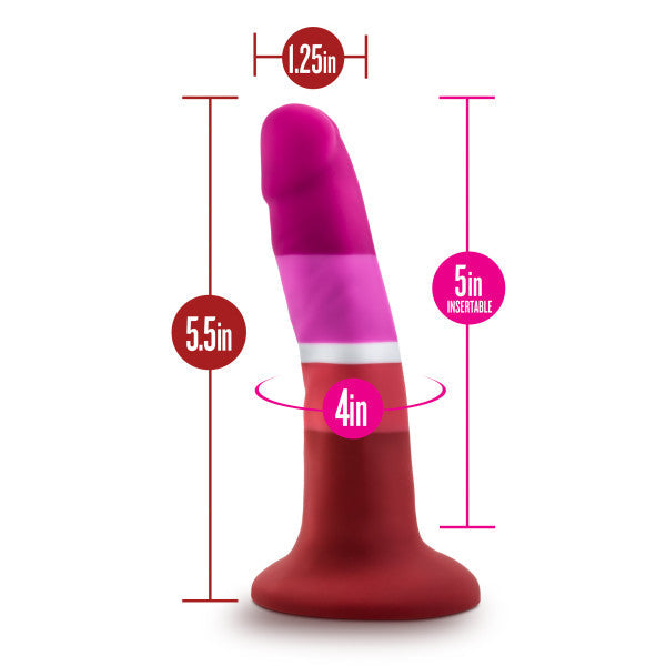 A tapered silicone dildo with a suction cup base, measuring 5.5 inches long and 1.25 inches wide.