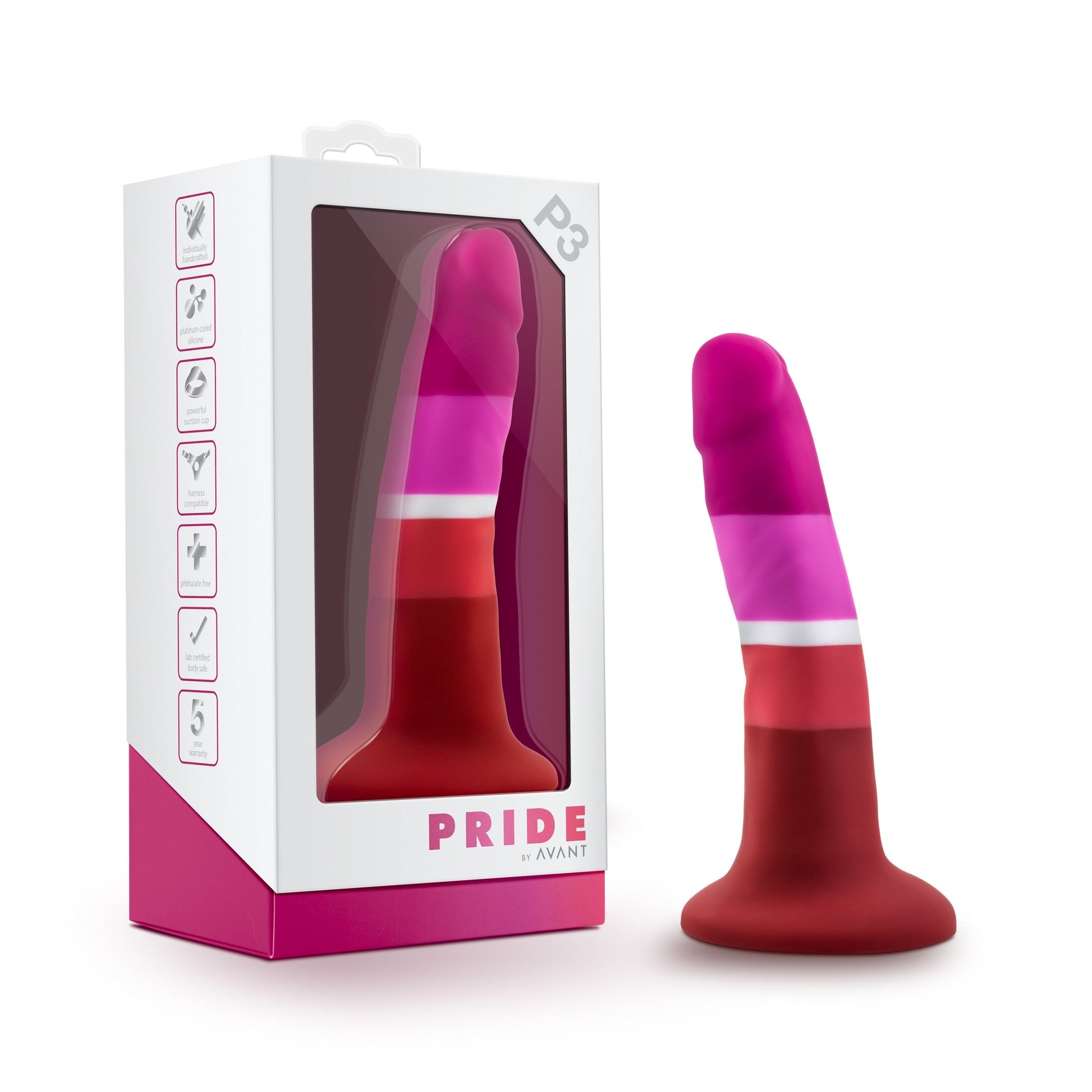 Silicone tapered dildo with suction cup base in pride colors.