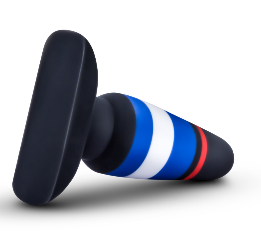 Black dildo with blue, white, and red stripes and a suction cup base.