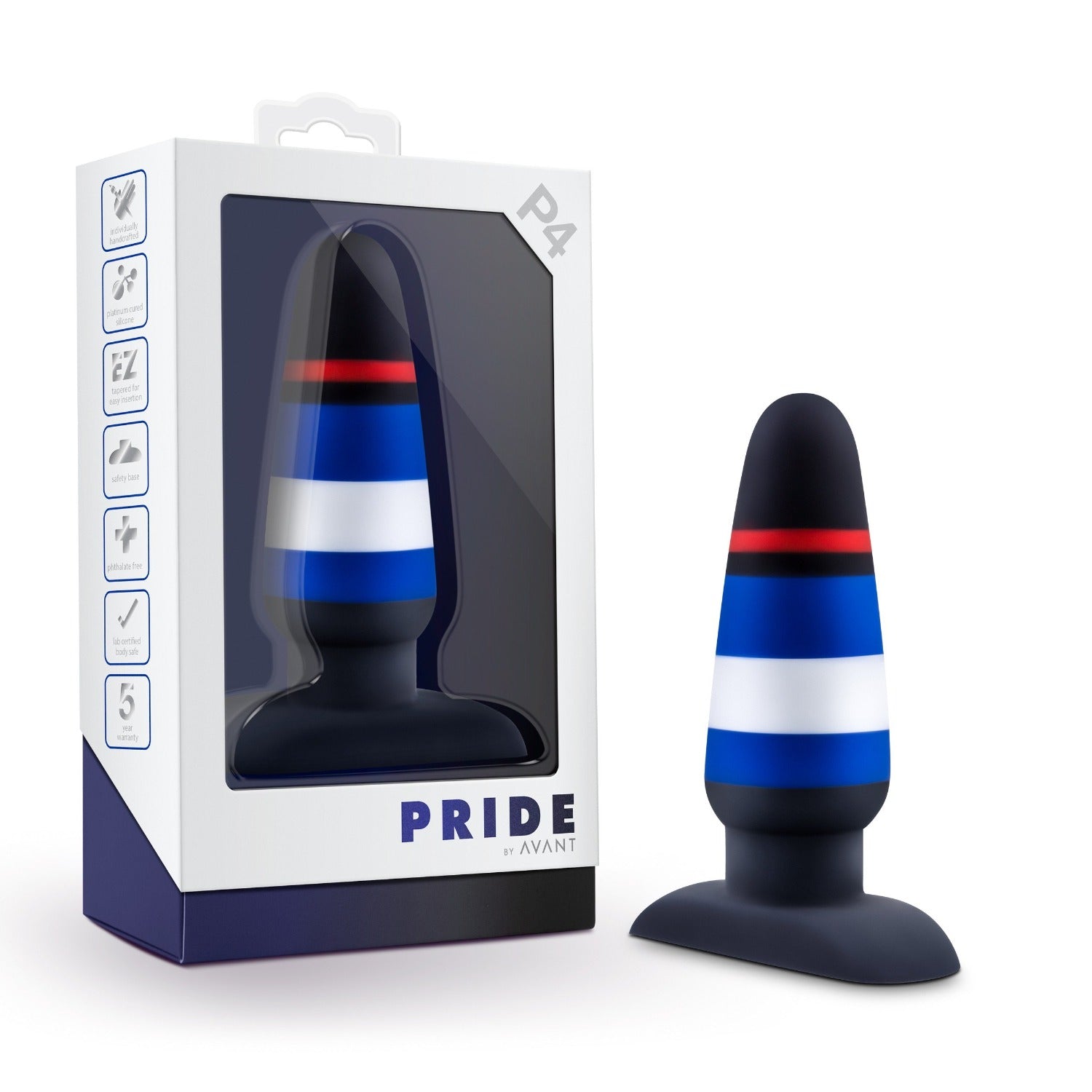 A black, blue, white, and red striped silicone dildo with a suction cup base in its packaging.