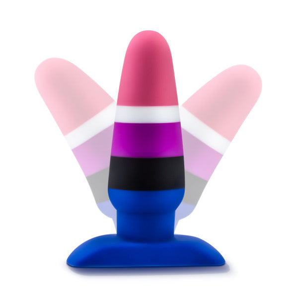 Silicone dildo with suction cup base in pride colors.