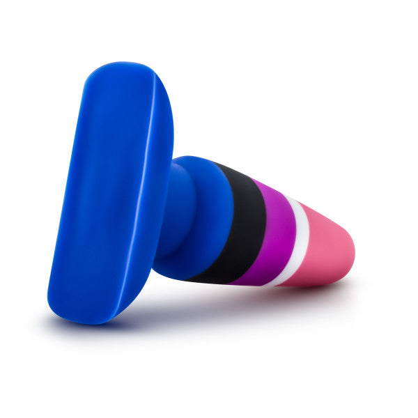 Silicone dildo with suction cup base and colorful bands.