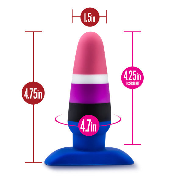 Silicone dildo with suction cup base, 4.75 inches long, 1.5 inches wide.