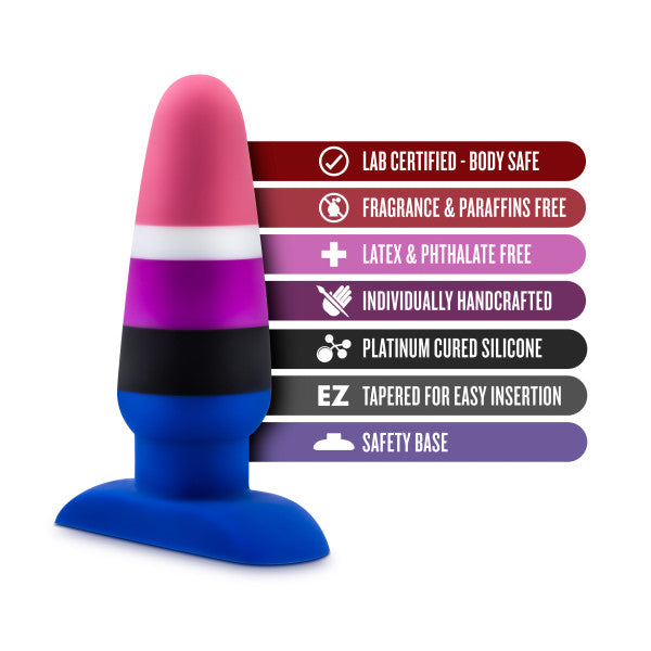 A tapered silicone dildo with a suction cup base in pride colors.