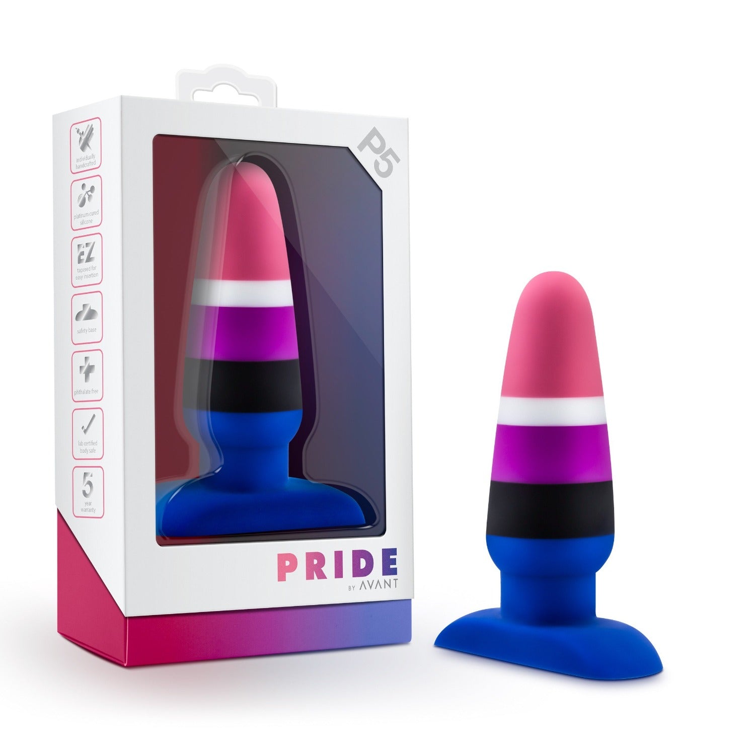 A silicone dildo with a suction cup base, featuring pink, white, purple, black, and blue stripes.
