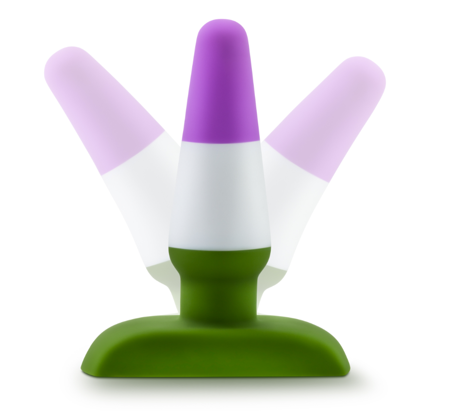 Silicone dildo with a purple, white, and green design and a suction cup base.