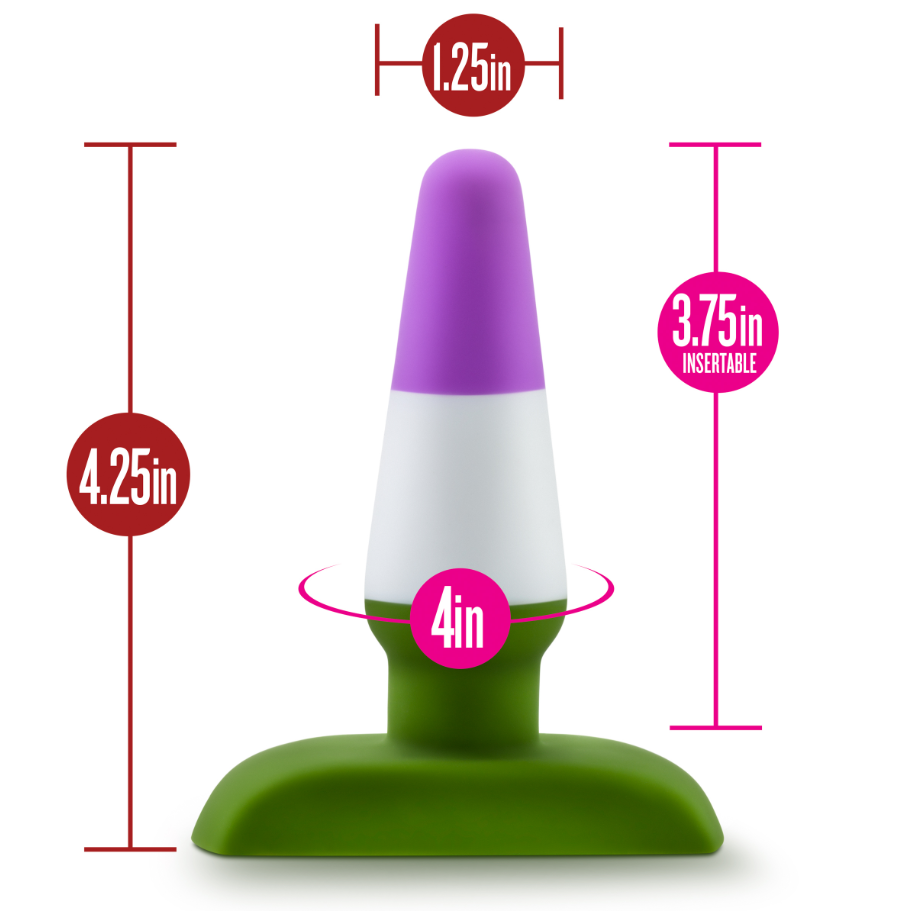 A green-based, white and purple silicone dildo with size indicators.