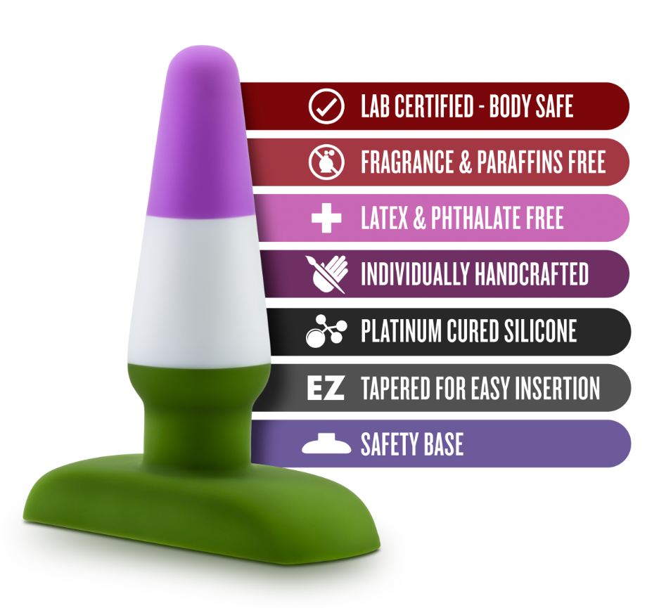 A purple, white, and green silicone dildo with a suction cup base and feature list.