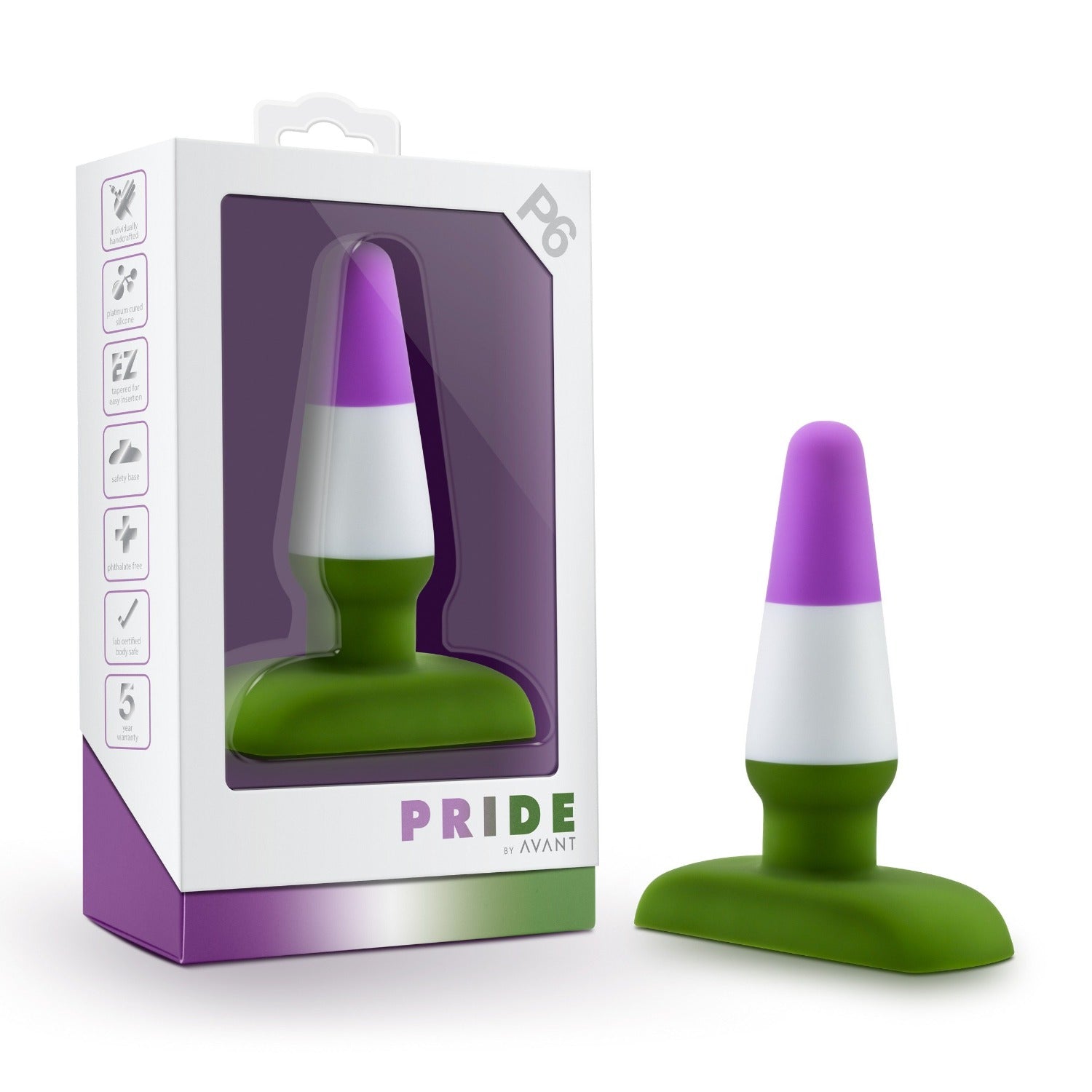 A purple, white, and green silicone dildo with a suction cup base.