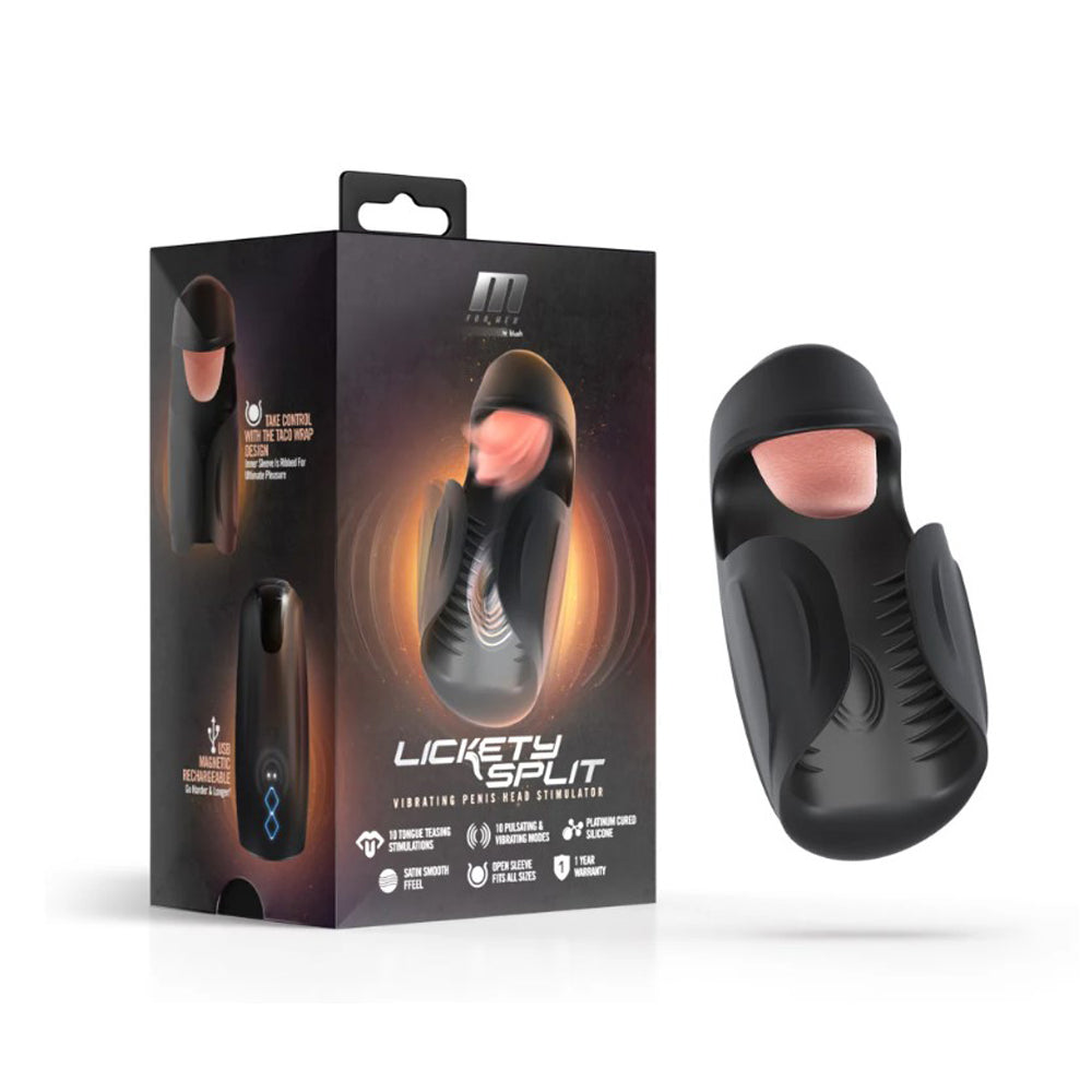 Black vibrating penis stimulator with ribbed texture and USB charging.