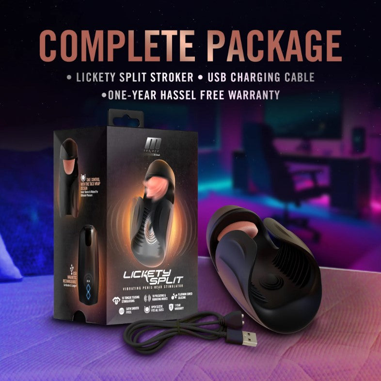 Black vibrating penis stimulator with USB charging cable and packaging.