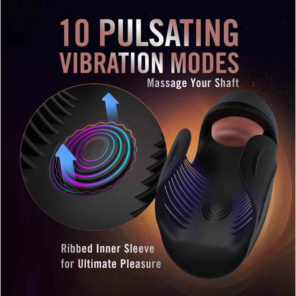 A black vibrating penis stimulator with ribbed inner sleeve and 10 vibration modes.