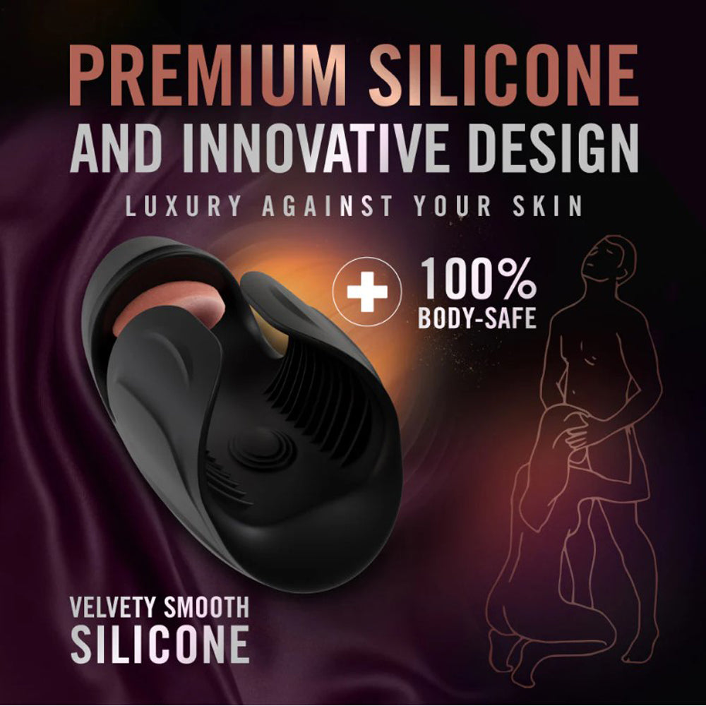 A black silicone penis stimulator with ribbed texture and a pink inner lining.