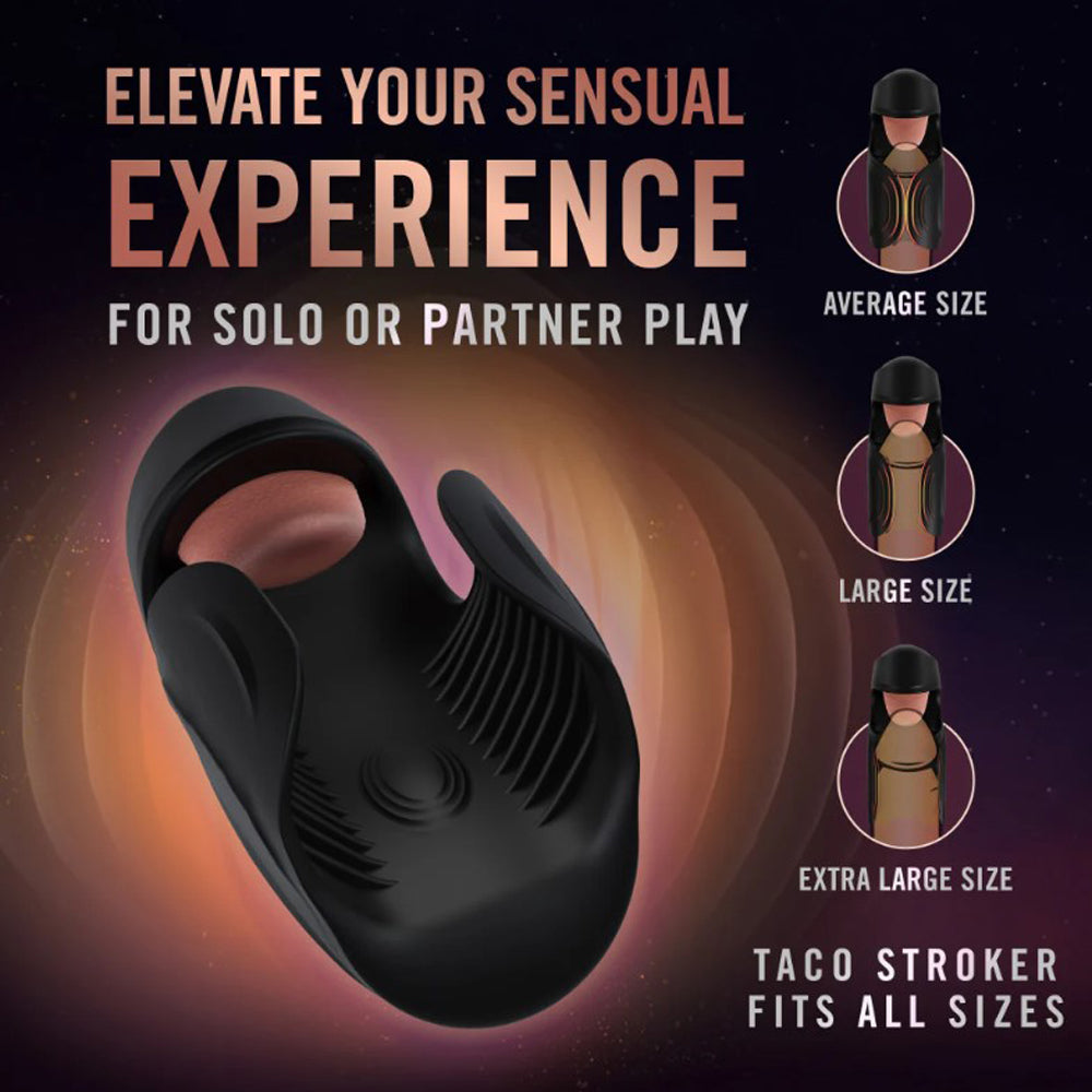 A black vibrating penis stimulator with ribbed texture and size options.