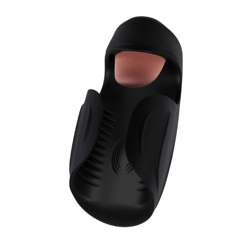 Black vibrating penis stimulator made of silicone with textured ribs.