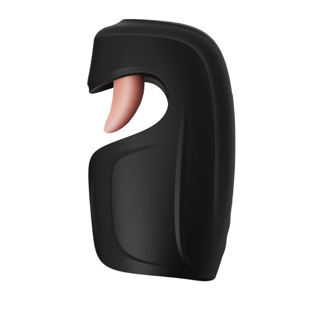 Black vibrating penis stimulator with a pink finger-like insert.
