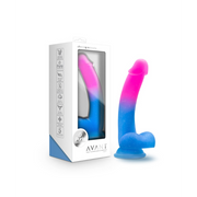 A pink and blue glitter gradient silicone dildo with a suction cup base.