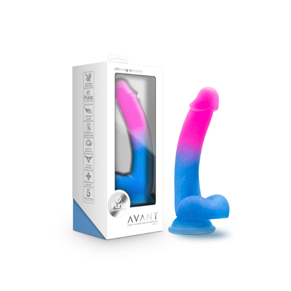 A pink and blue glitter gradient silicone dildo with a suction cup base.