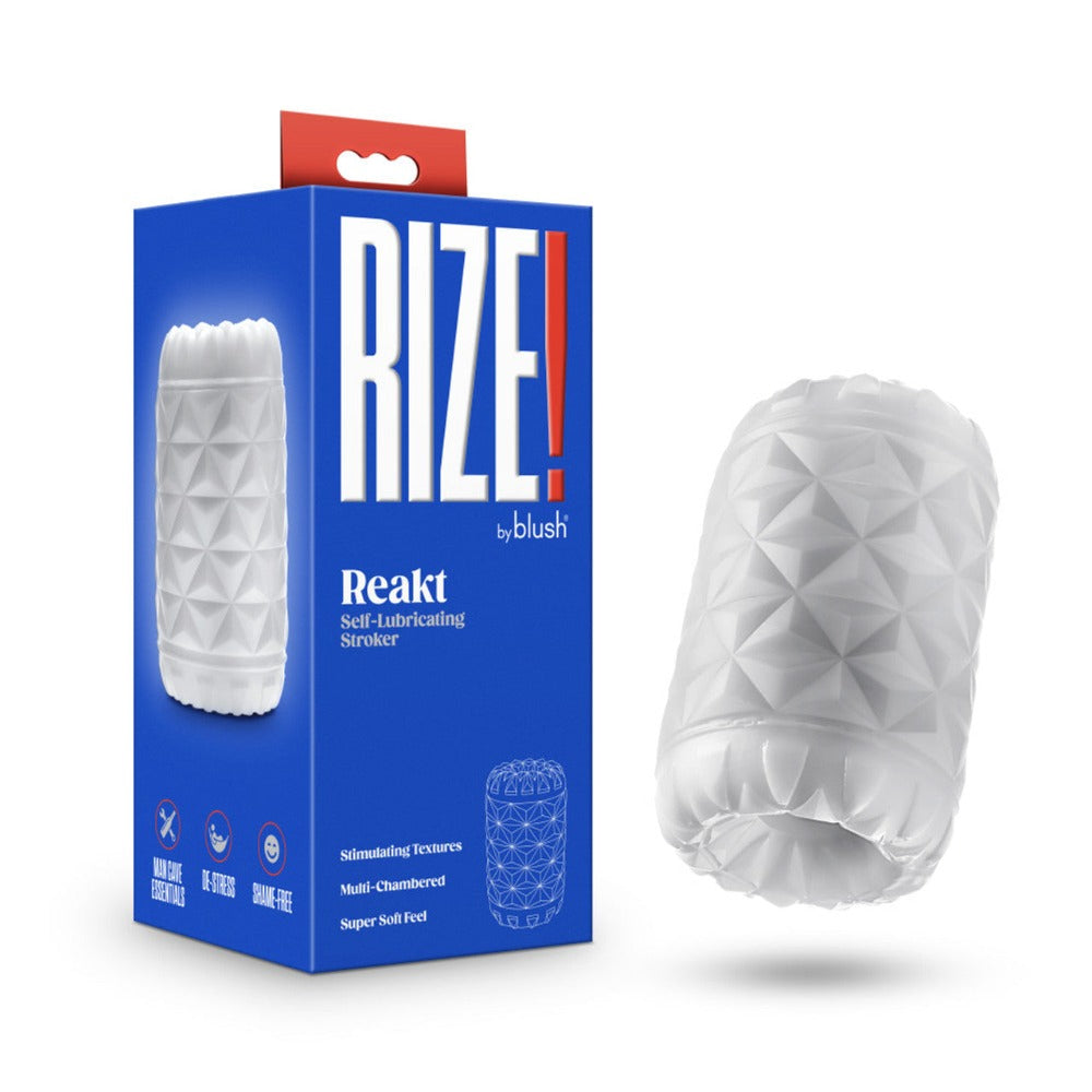 A white textured stroker next to its blue box packaging.