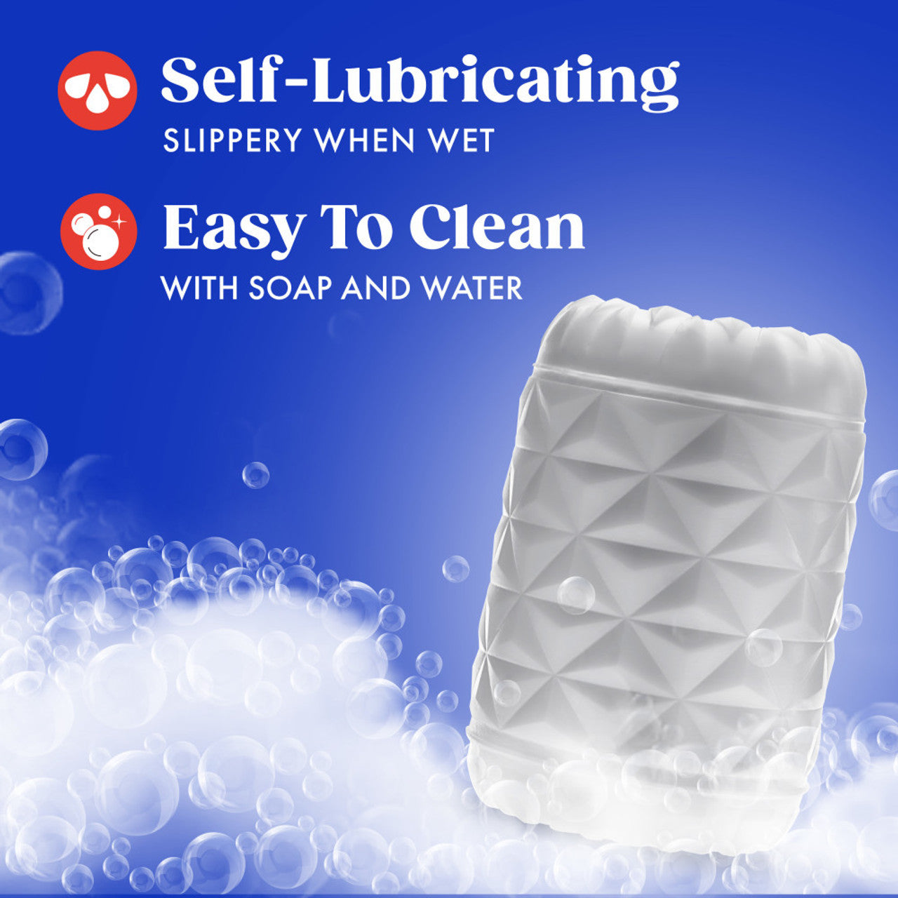 A white textured stroker with text about self-lubricating and easy to clean features.