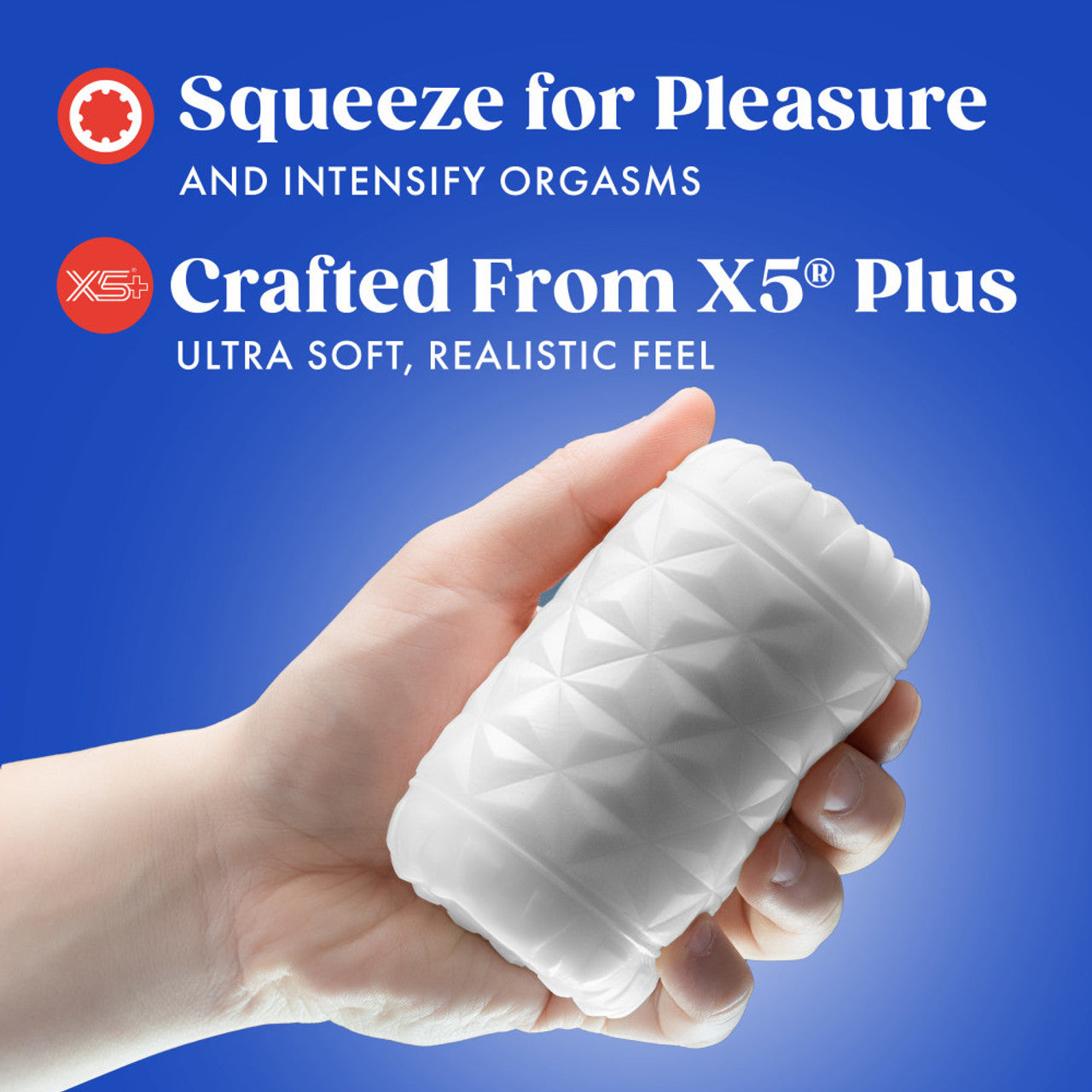 A white textured pocket stroker held in a hand.