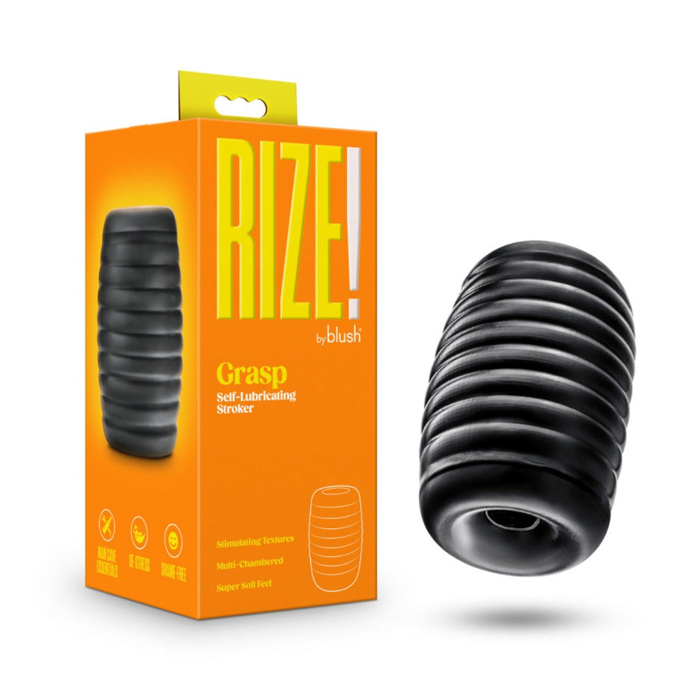Black ribbed stroker with dual chambers and text on packaging.