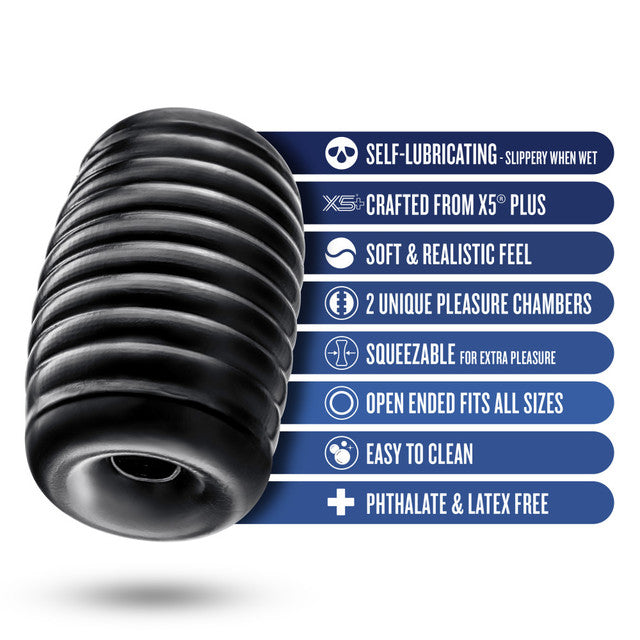 Black ribbed stroker with dual chambers and text features.