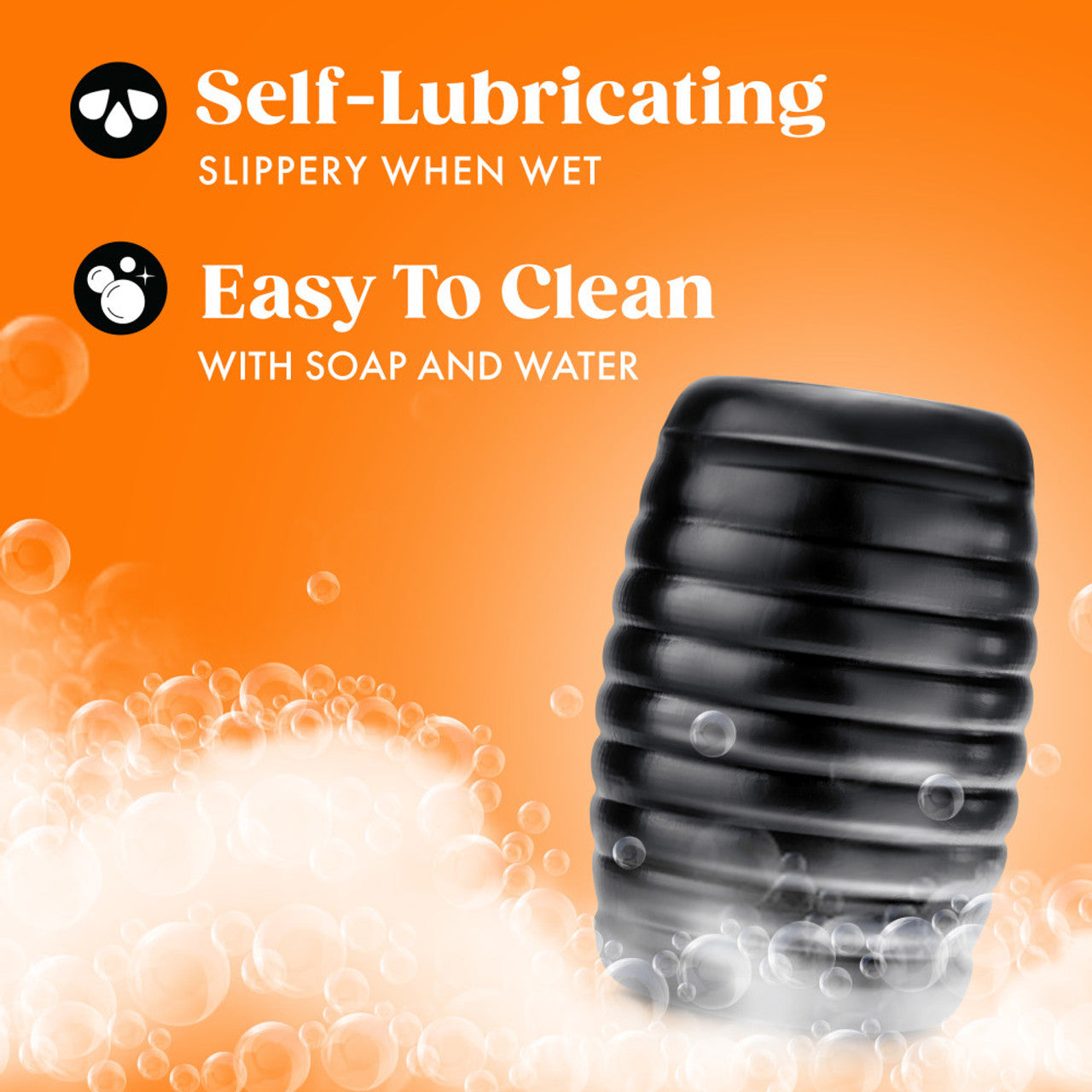 A black ribbed stroker with bubbles and text indicating it is self-lubricating and easy to clean.