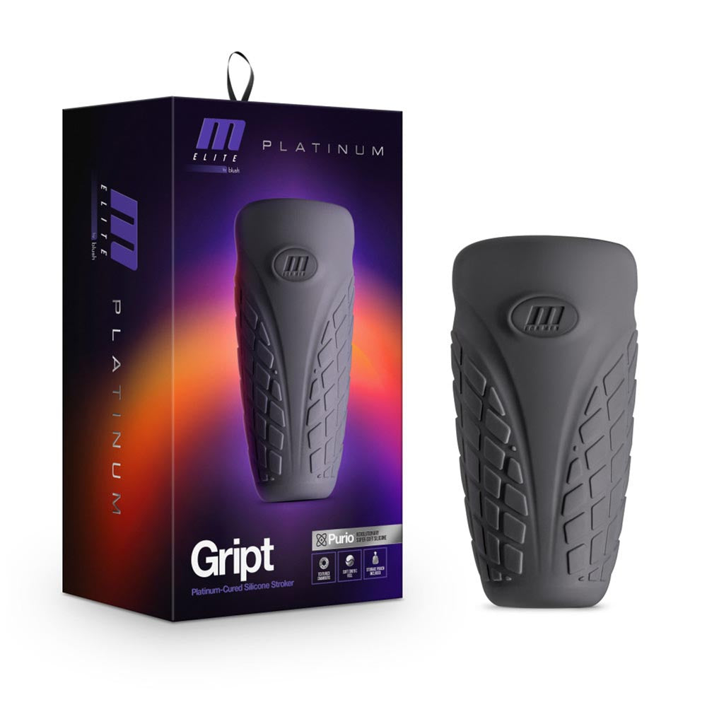 A grey silicone stroker with a textured grip, next to its packaging.