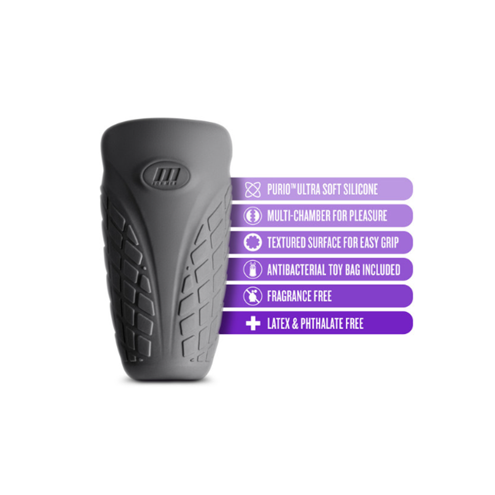 A grey textured stroker sleeve with multiple features listed.