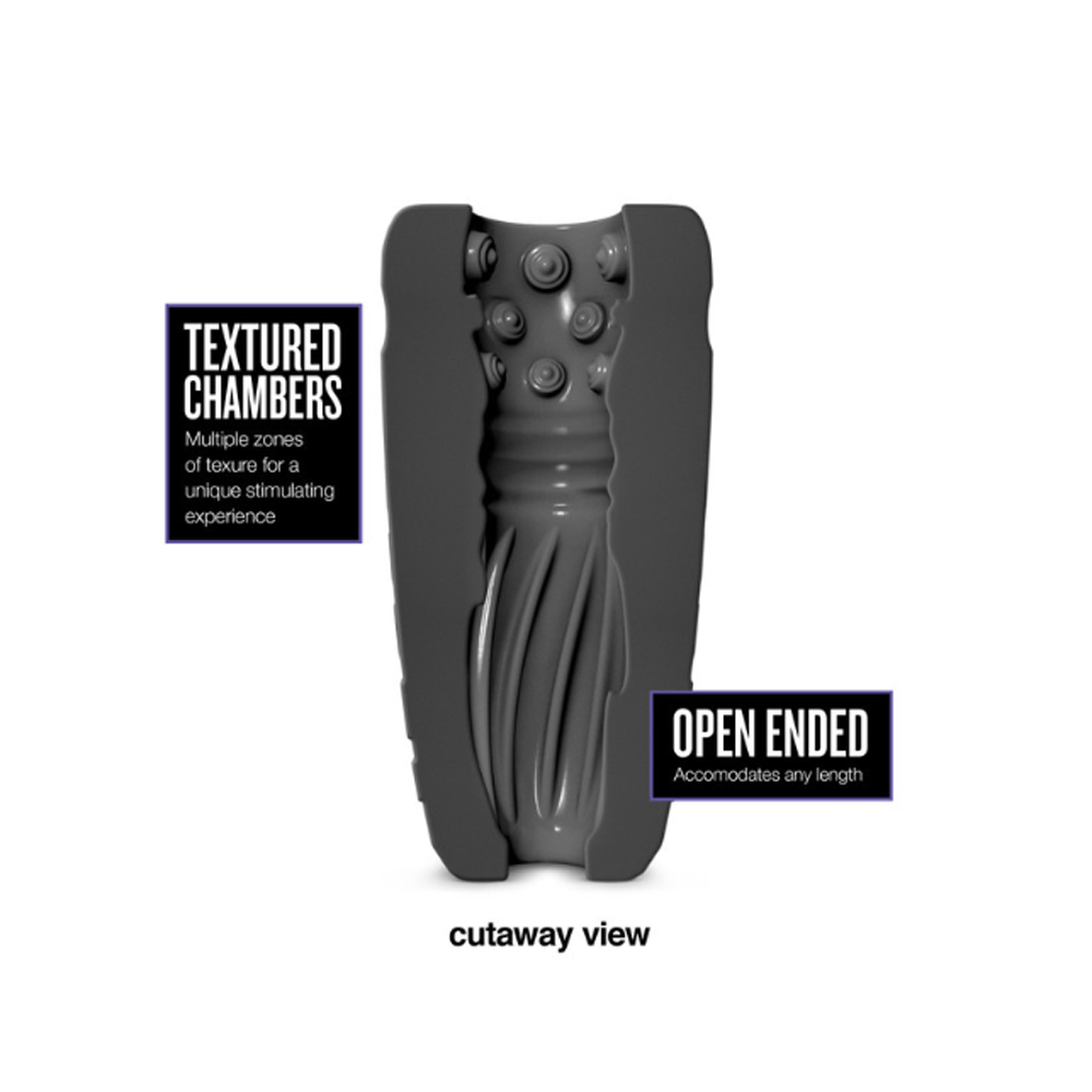A grey silicone stroker with textured interior chambers and an open end.