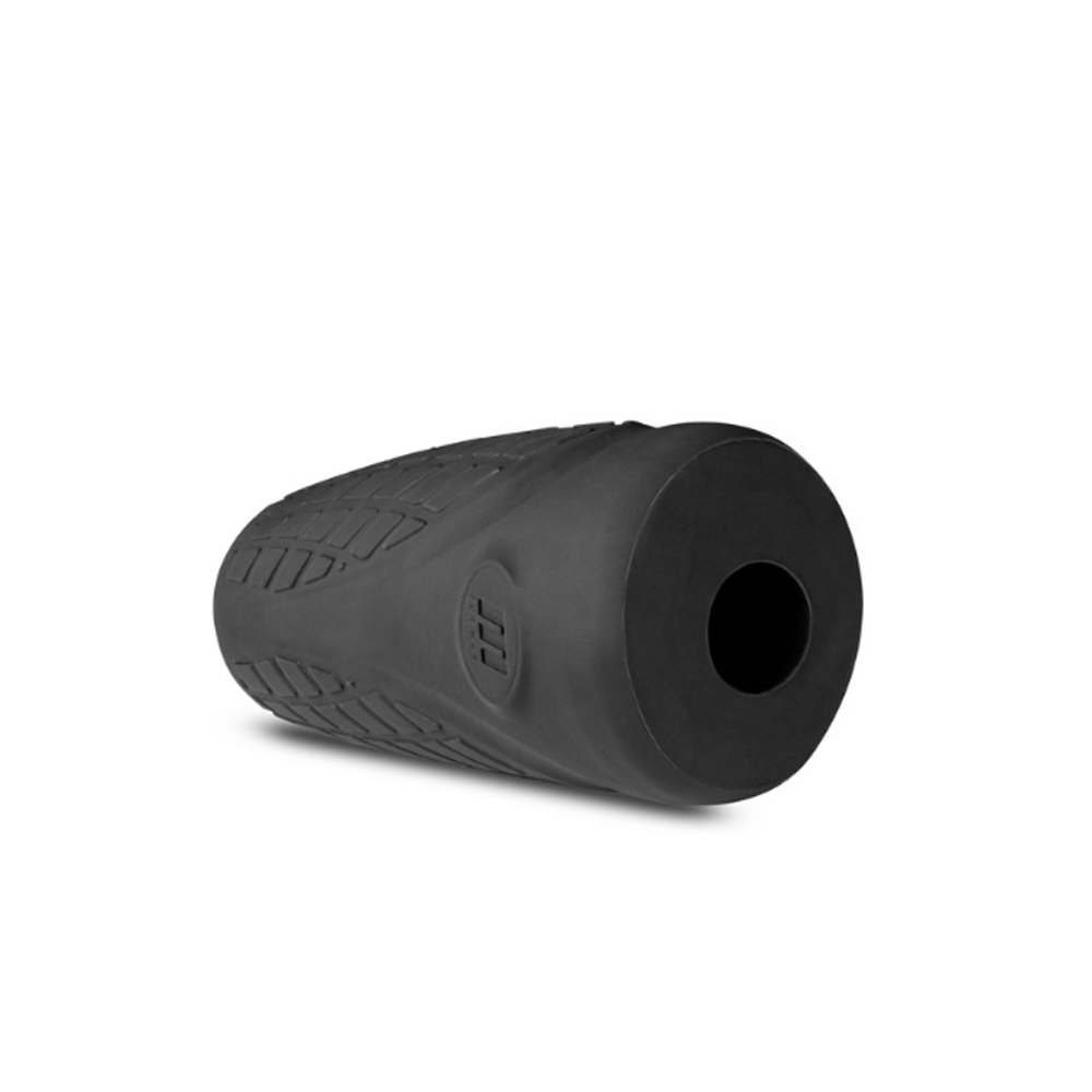 Black textured silicone stroker sleeve with a circular opening.