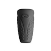 Black textured silicone stroker sleeve with a logo.