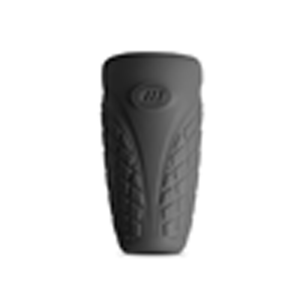 Black textured silicone stroker sleeve with a logo.