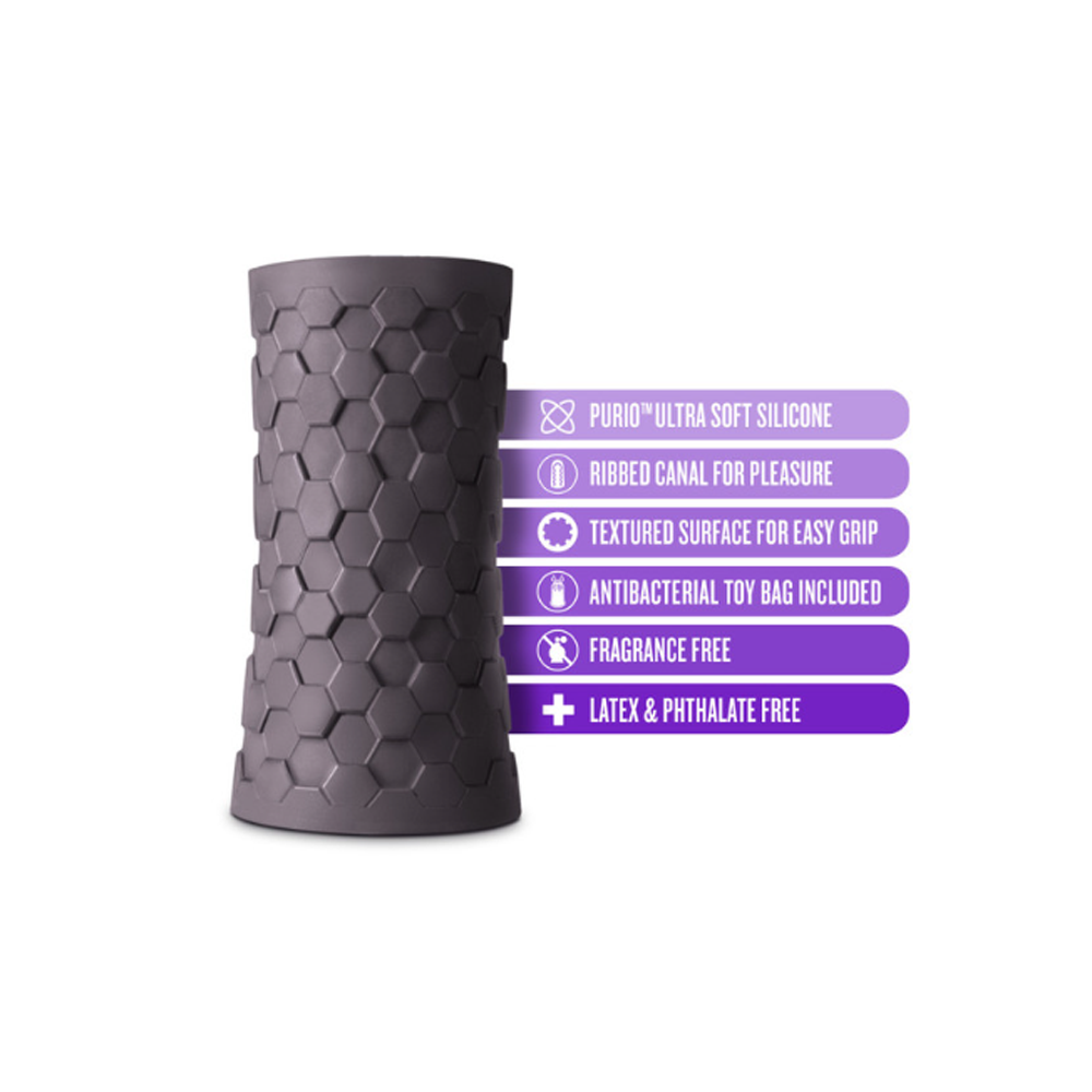 A textured grey silicone stroker with a honeycomb pattern and purple feature list.