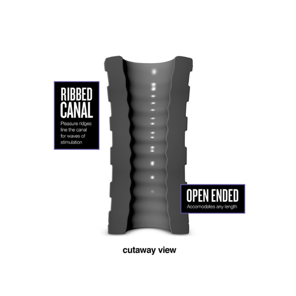 Cutaway view of a ribbed, open-ended silicone stroker.