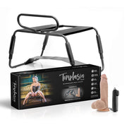 A black sex chair with a vibrating dildo and lifting system.