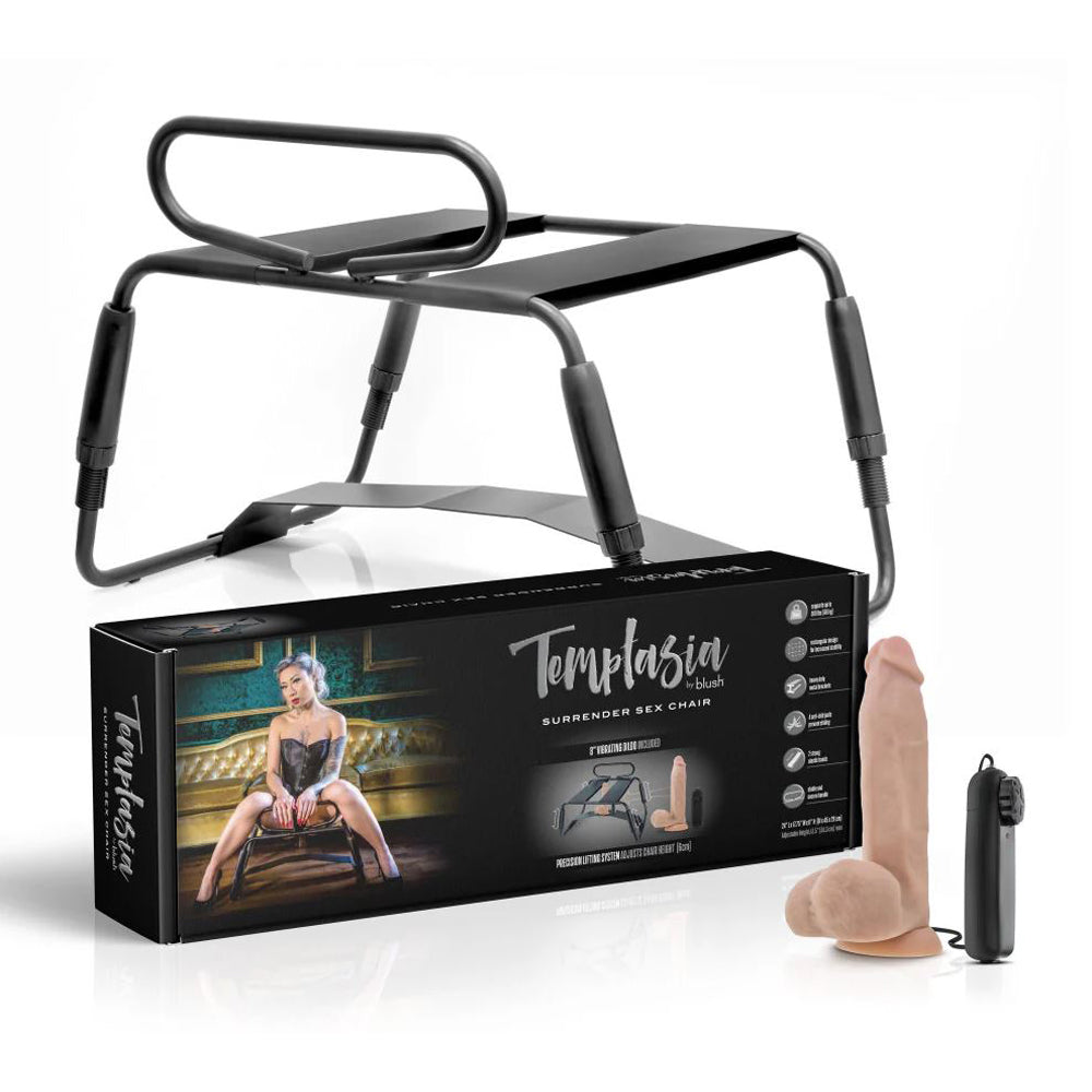 A black sex chair with a vibrating dildo and lifting system.