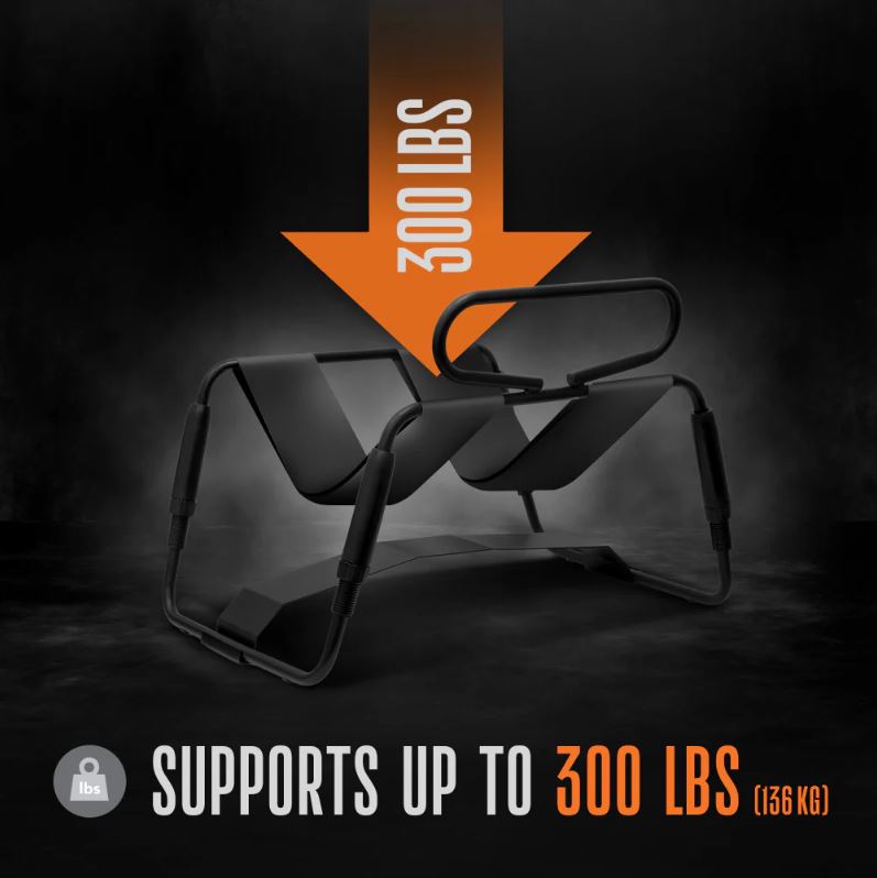 Black sex chair with orange arrow indicating 300 lbs weight capacity.