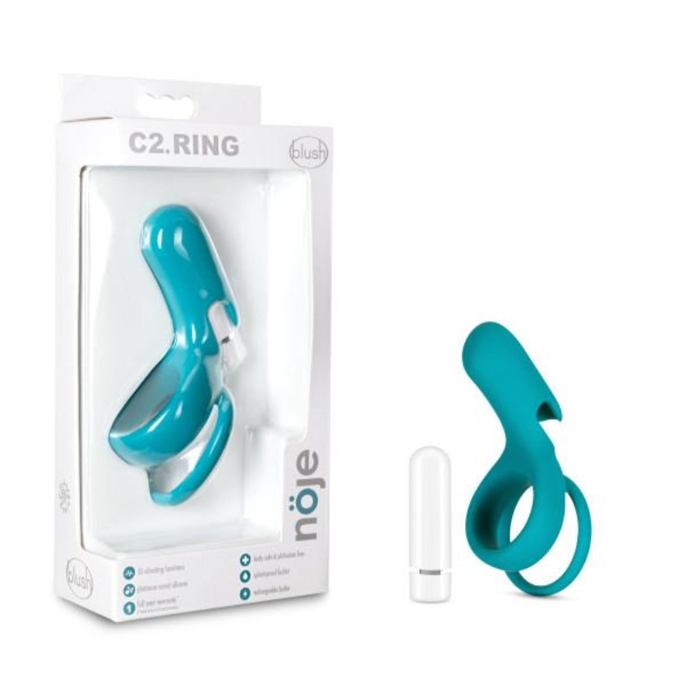 A juniper-colored rechargeable silicone vibrating cock ring with a removable bullet vibe.