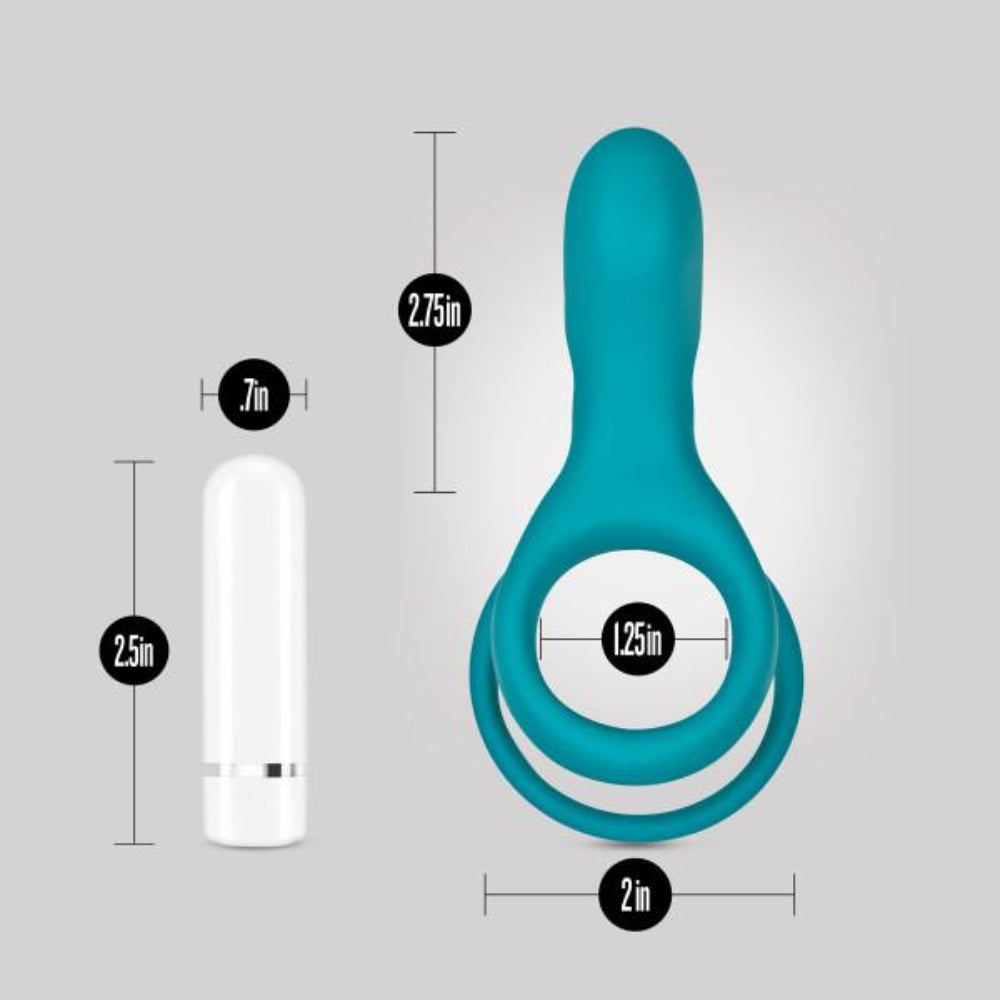 A teal silicone vibrating cock ring with a removable bullet vibe and measurement callouts.