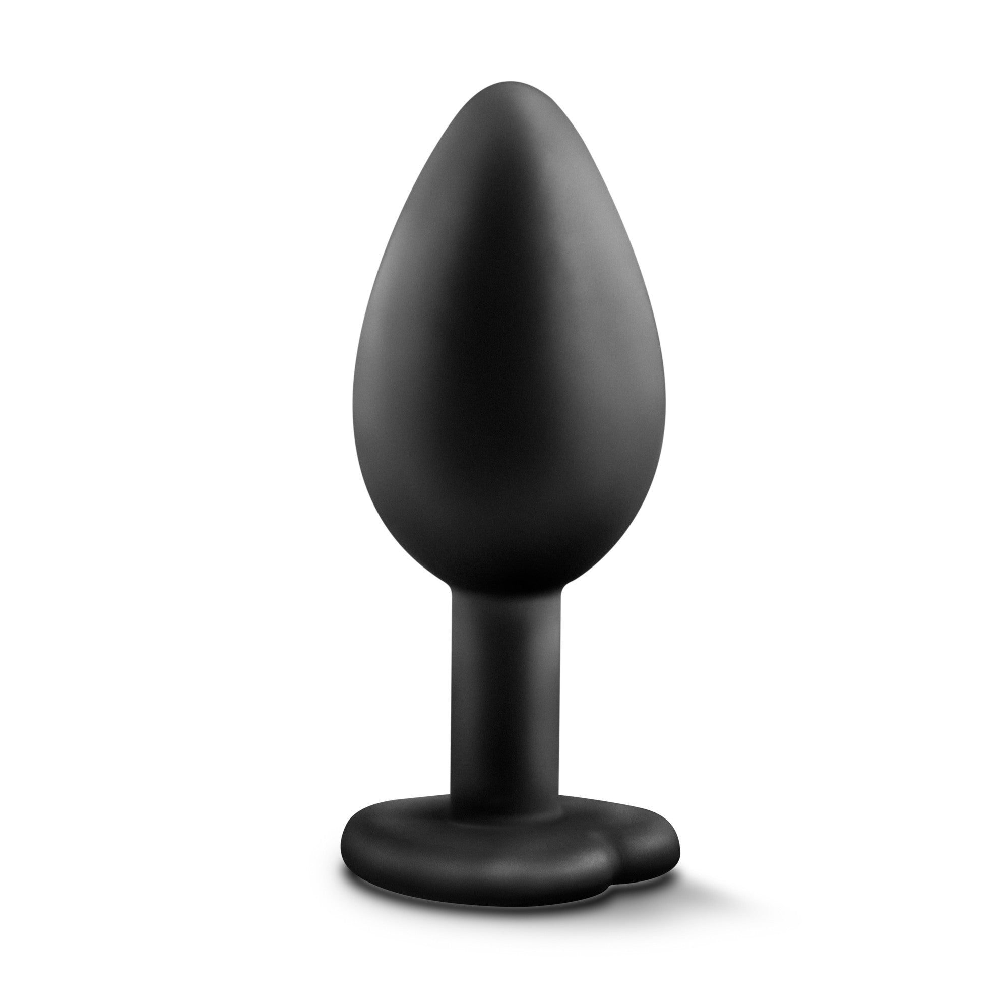 Black silicone anal plug with a heart-shaped base.