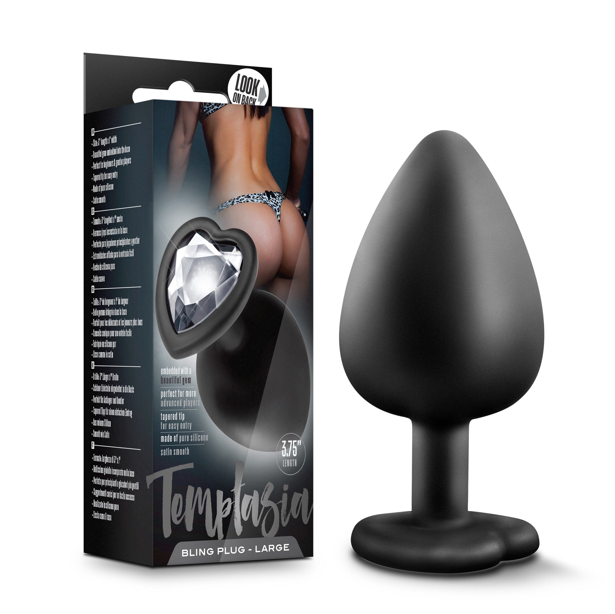 Black silicone anal plug with a heart-shaped base and gemstone.