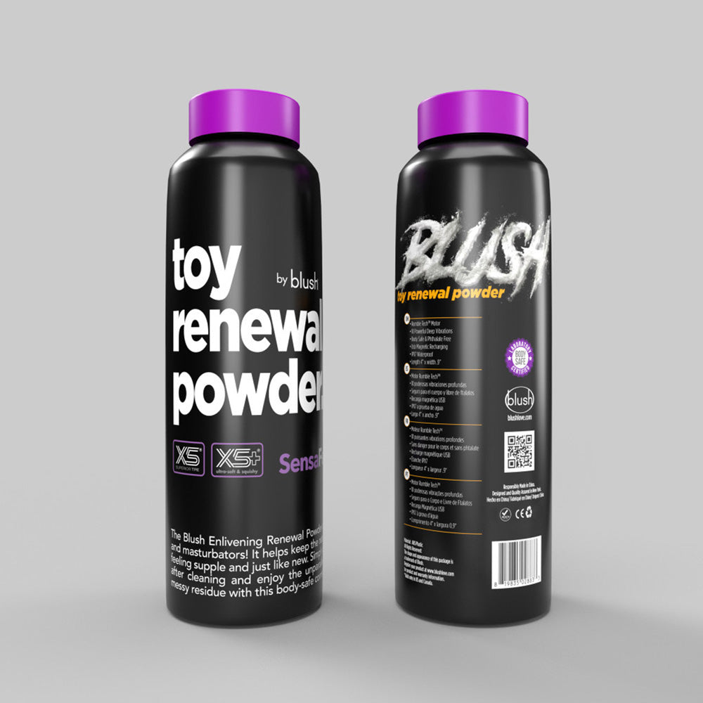Two bottles of Blush Toy Renewal Powder with purple caps.