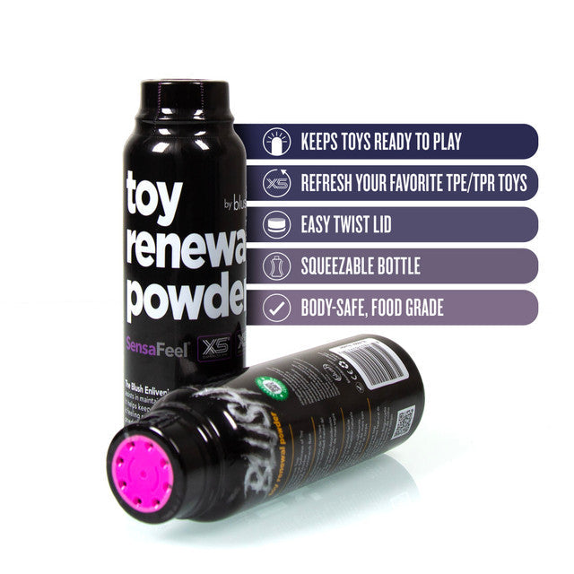 Black bottle of toy renewal powder with pink cap, featuring product benefits.
