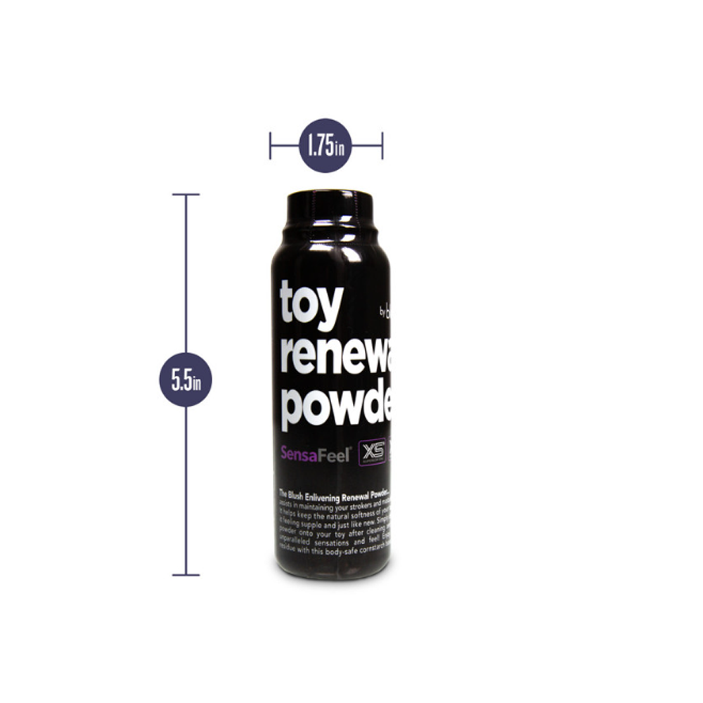 A black bottle of Blush Novelties Toy Renewal Powder, measuring 5.5 inches tall and 1.75 inches wide.