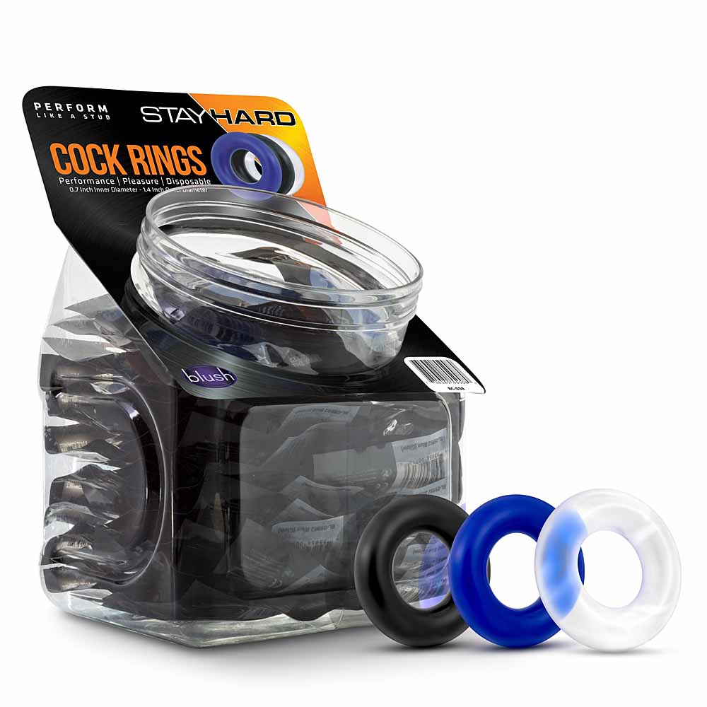 A display of 50 blush cock rings in black, blue, and white.
