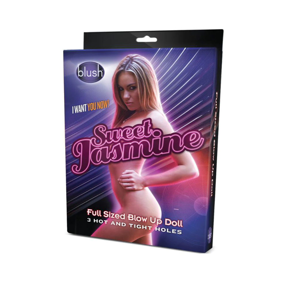 A life-size inflatable doll named Jasmine, with "Sweet Jasmine" text and "Blush" logo.