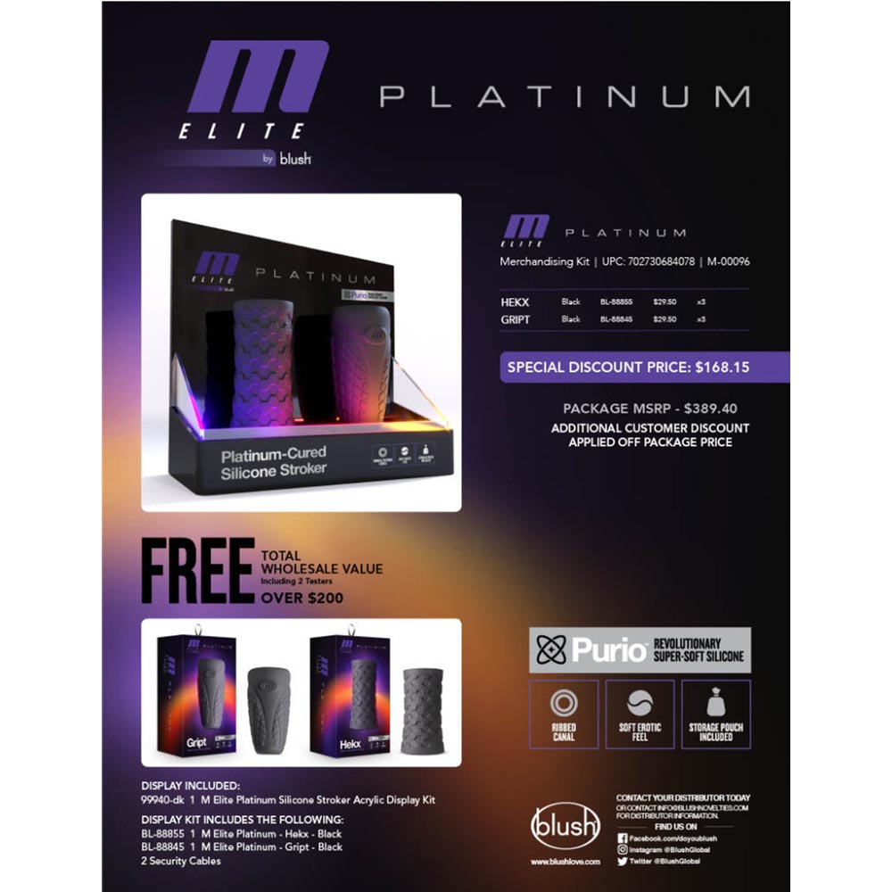 M Elite Platinum Silicone Stroker Merchandising Kit with two strokers and display.
